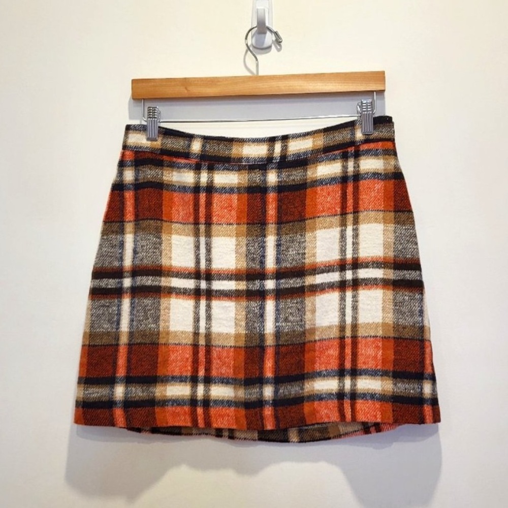 Lulu's Orange Camel White Navy Plaid Mini Skirt, Size Large, GUC